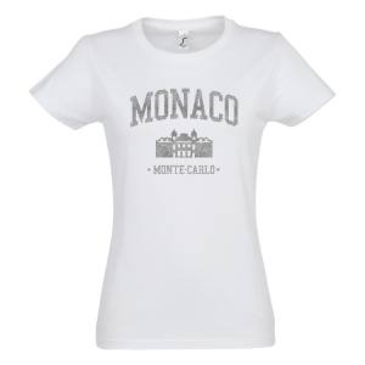 T-shirt femme Transfert Paillette Monaco Palais Princier Monte Carlo (En Or sur les T-shirt Noir et Blanc) Blanc L
