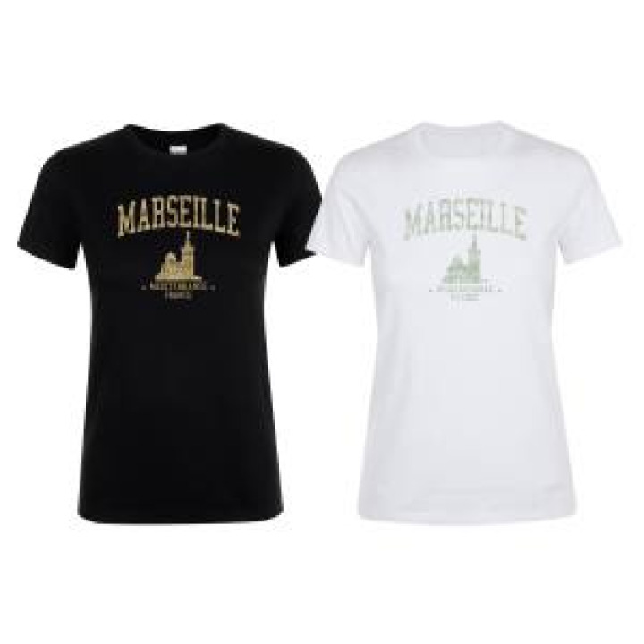 Tshirt femme Transfert Paillette Notre Dame de la Garde Marseille Méditerranée Version Argent Noir Profond S