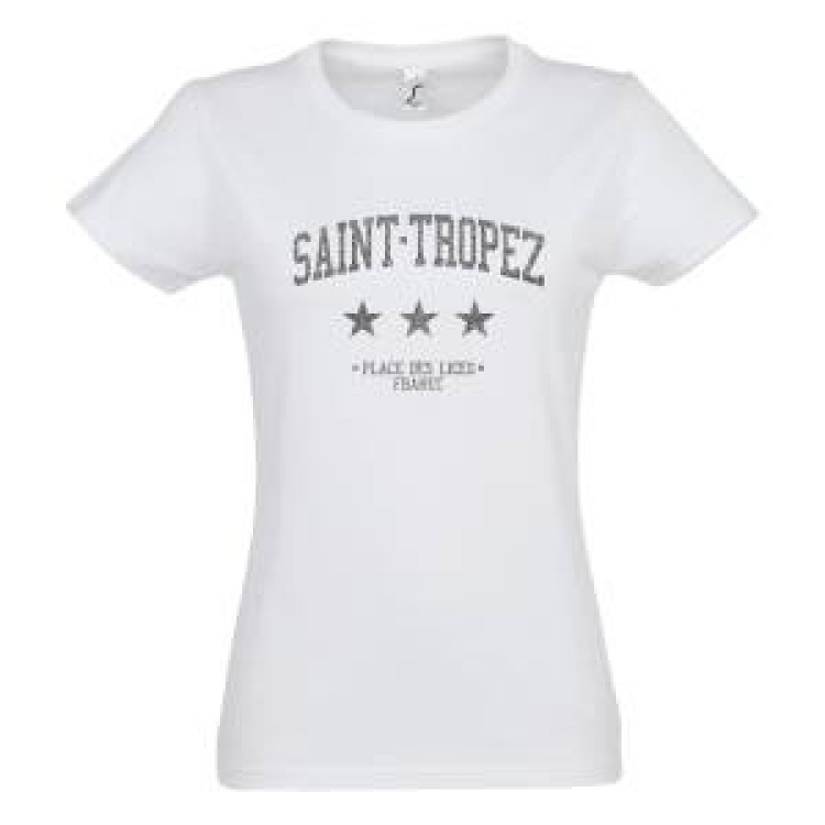 T-shirt femme Transfert Paillette Saint Trois Etoiles Place des Lices France Version Argent Noir Pro
