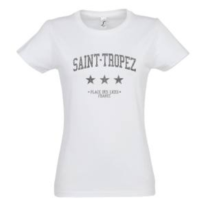 Tshirt femme Transfert Paillette Saint Trois Etoiles Place des Lices France Version Argent Noir Profond S