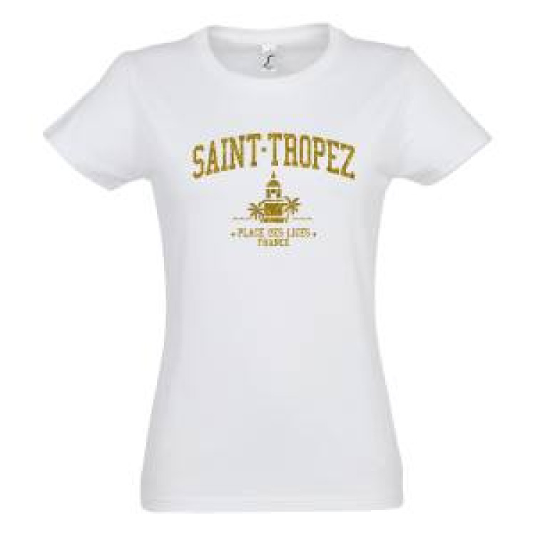 T-shirt femme Transfert Paillette Saint Tropez Clocher Place des Lices France Version Or Noir Profond S