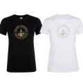 T-shirt femme Transfert Paillette Saint Tropez (Le Clocher) French Riviera dans un Cercle Version Argent Noir Profond S