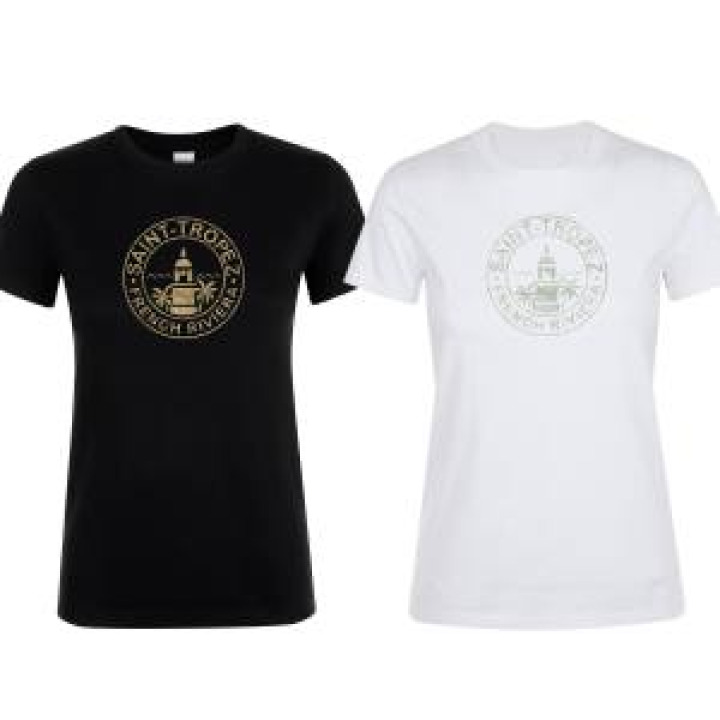 Tshirt femme Transfert Paillette Saint Tropez Le Clocher French Riviera dans un Cercle Version Or