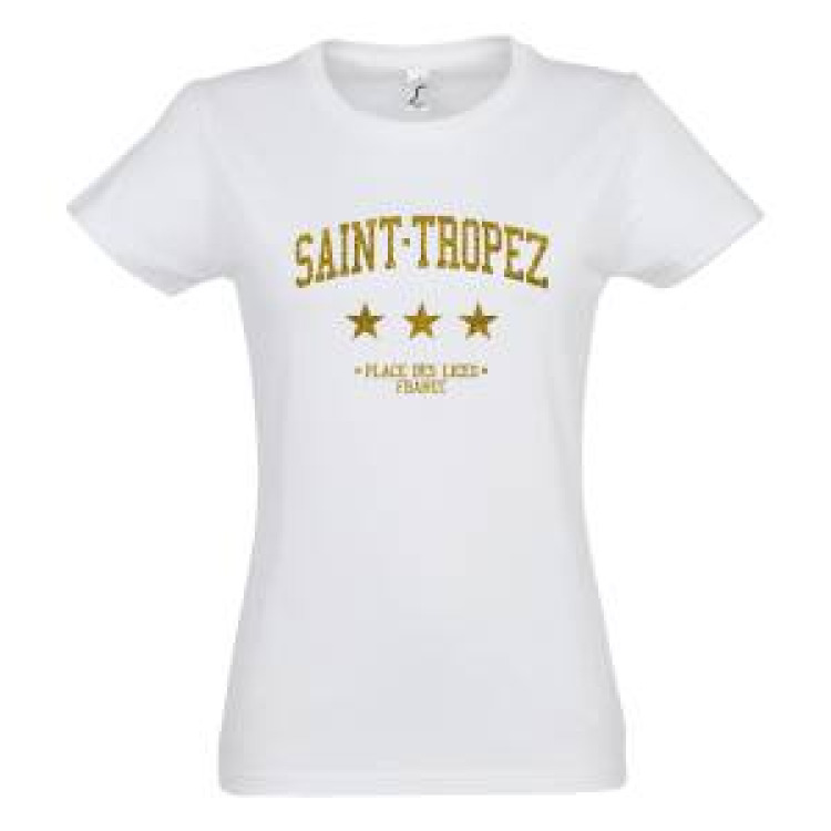 T-shirt femme Transfert Paillette Saint Tropez Trois Etoiles Place des Lices France Version Or Blanc S