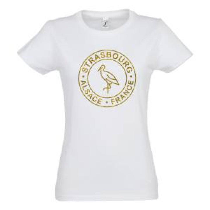 Tshirt femme Transfert paillettes Cigogne Aux Traits Strasbourg Alsace France dans un Cercle Version Or Blanc S