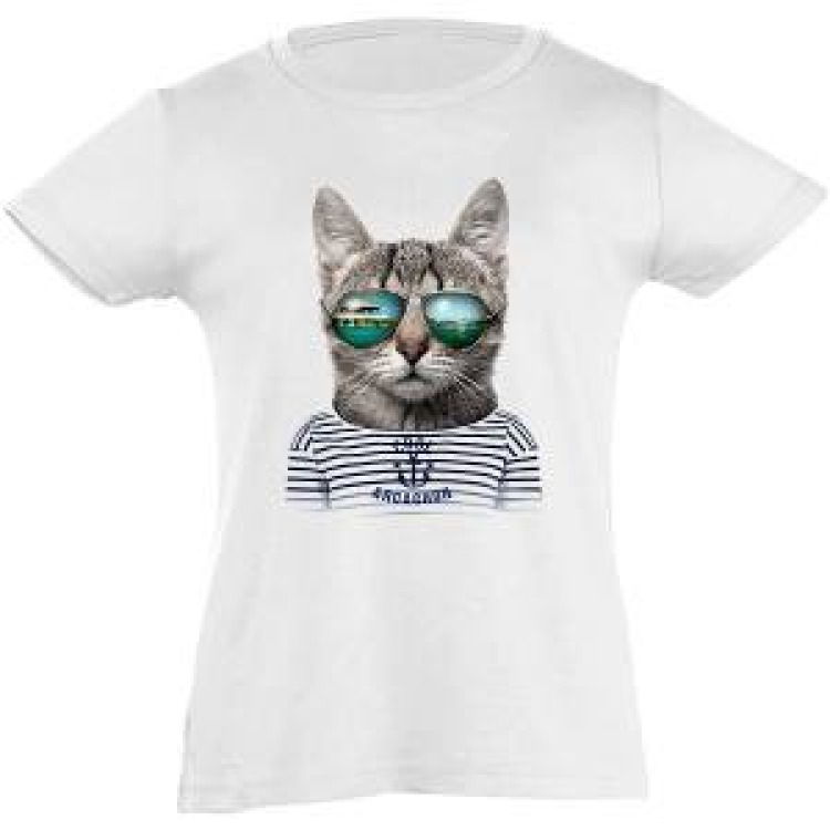 T-shirt fillette Chat Lunette Arcachon Blanc 8 ans