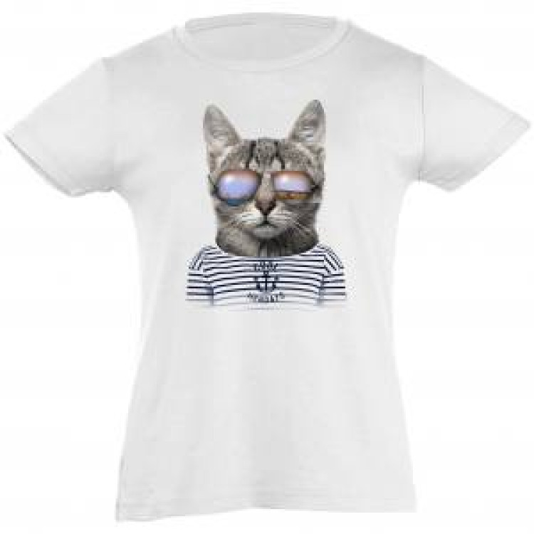 T-shirt fillette Chat Lunettes Hendaye Blanc 10 ans