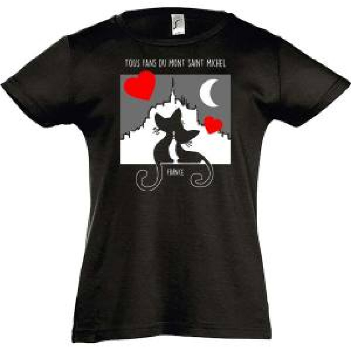 Tshirt fillette Deux Chats avec Cœurs Mont Saint Michel Noir Profond 4 ans