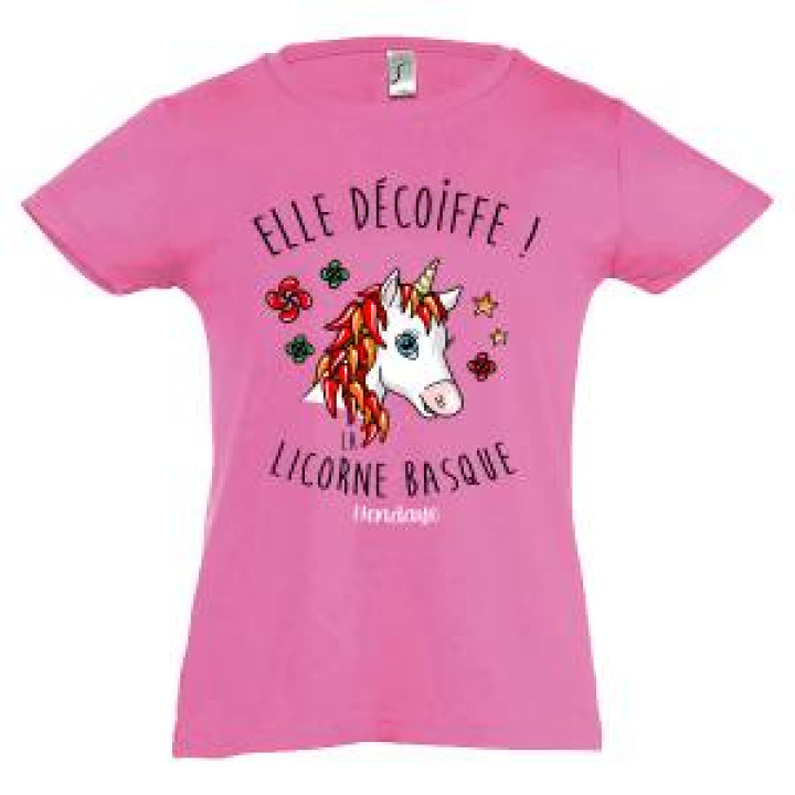 Tshirt fillette Elle Décoiffe  la Licorne Basque Hendaye Rose Orchidée 2 ans