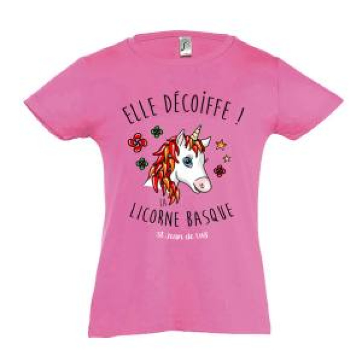 Tshirt fillette Elle Décoiffe  la Licorne Basque Saint Jean de Luz Rose Orchidée 2 ans