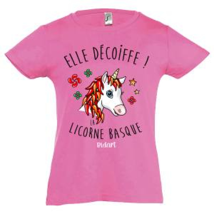 T-shirt fillette Elle D&eacute;coiffe !! la Licorne de Bidart Rose Orchid&eacute;e 10 ans
