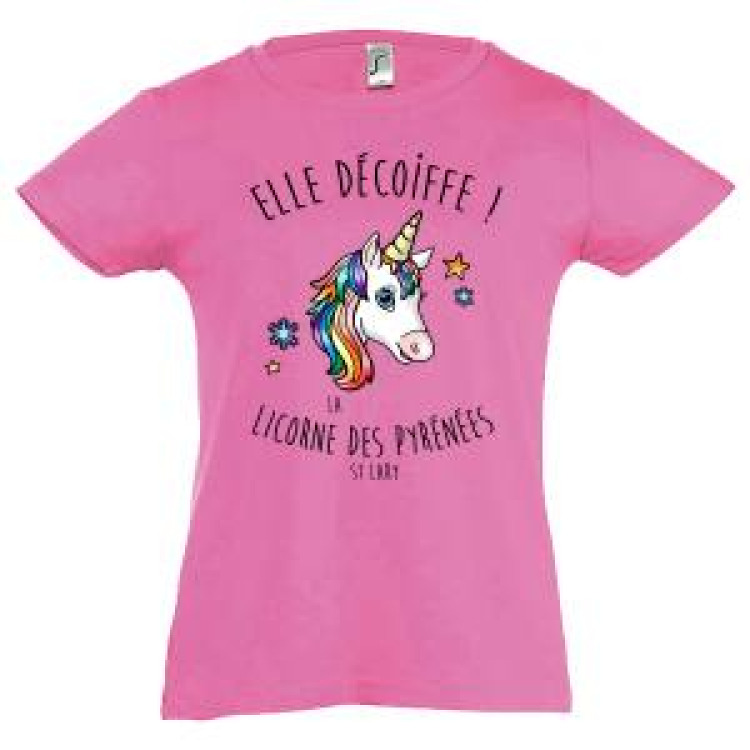 T-shirt fillette Elle Décoiffe !! la Licorne des Pyrénées Saint Lary Rose Orchidée 10 ans