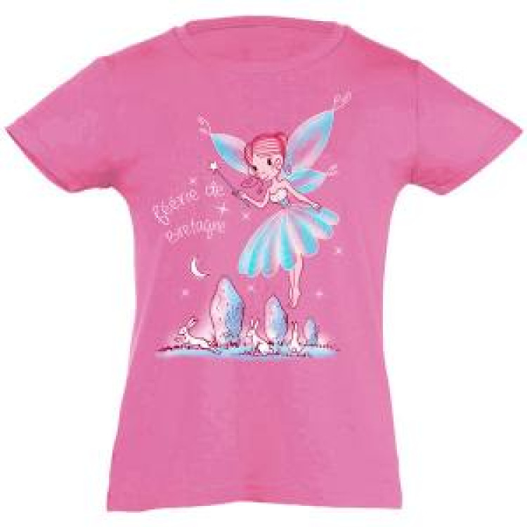 T-shirt fillette Fée Papillon Bretagne + transfert Strass Fuschia 6 ans