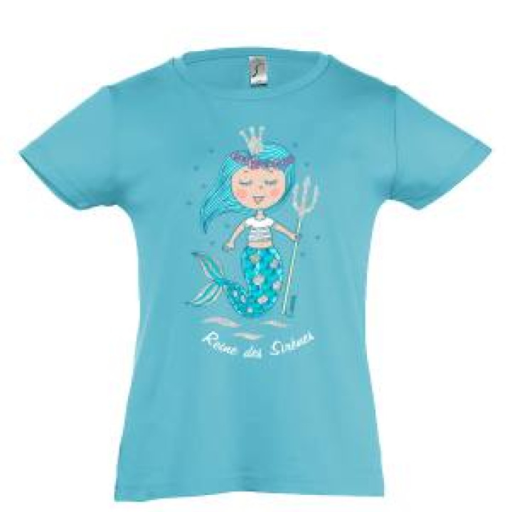 Tshirt fillette Reine des Sirènes Cannes  transfert Paillettes Bleu Atoll 4 ans