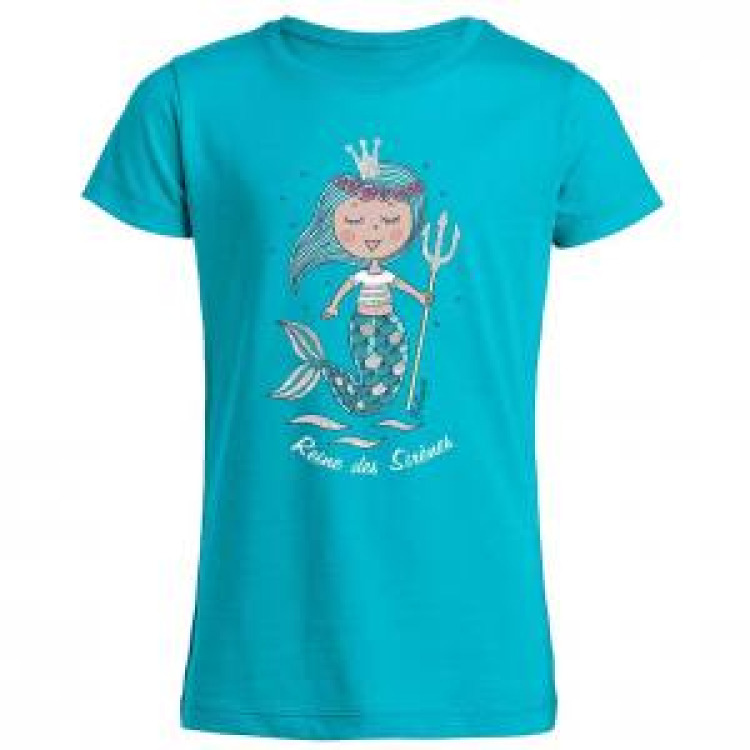 T-shirt fillette Reine des Sir&egrave;nes + transfert Paillettes Bleu Atoll 2 ans