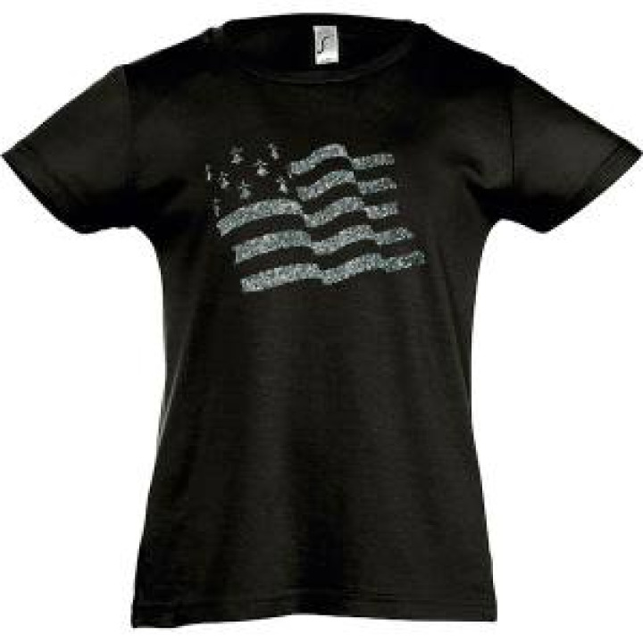 Tshirt fillette Transfert Paillette Argent Drapeau Bretagne Noir Profond 2 ans