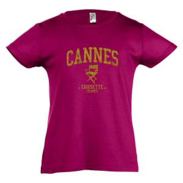Tshirt fillette Transfert Paillette Cannes Chaise Croisette France Version Or Fuschia 2 ans