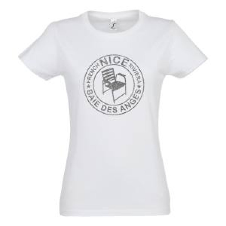 Tshirt fillette Transfert Paillette Chaise Nice Baie des Anges dans un Cercle Version Argent Noir P