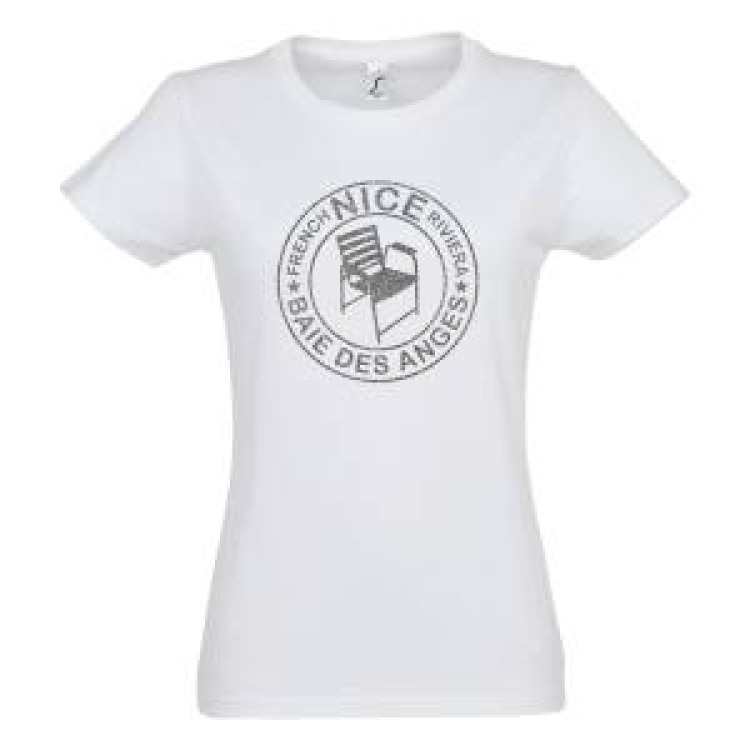 T-shirt fillette Transfert Paillette Chaise Nice Baie des Anges dans un Cercle Version Argent Rose O