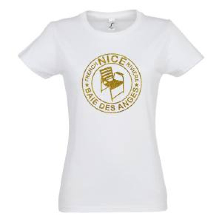 Tshirt fillette Transfert Paillette Chaise Nice Baie des Anges dans un Cercle Version Or Blanc 2 an