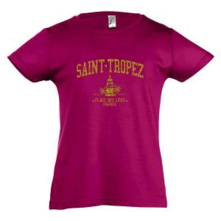 T-shirt fillette Transfert Paillette Saint Tropez Clocher Place des Lices France Version Or Blanc 2 ans