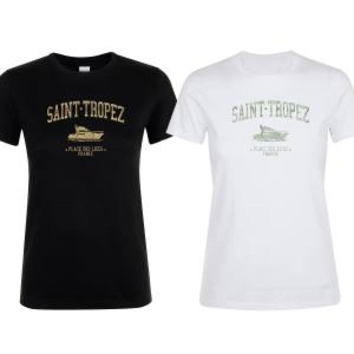 Tshirt fillette Transfert Paillette Saint Tropez Yatch Place des Lices France Version Or Noir Profond 2 ans