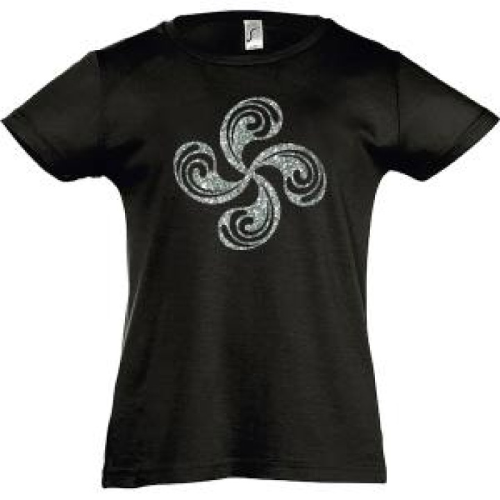 Tshirt fillette Transfert paillettes Argent Croix Basque Noir Profond 10 ans