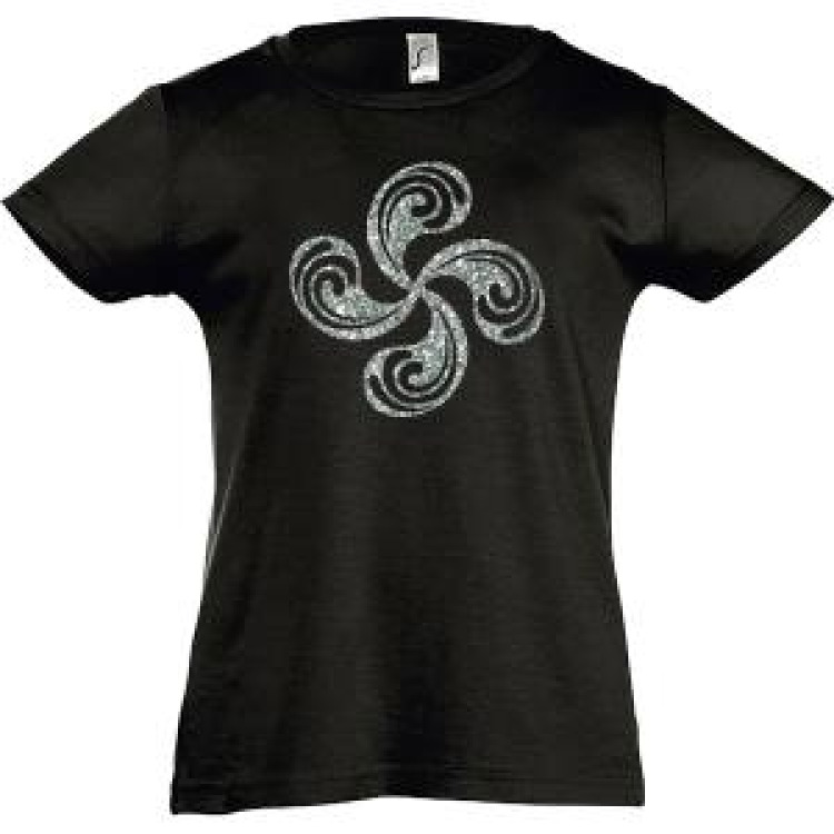T-shirt fillette Transfert paillettes Argent Croix Basque Noir Profond 10 ans