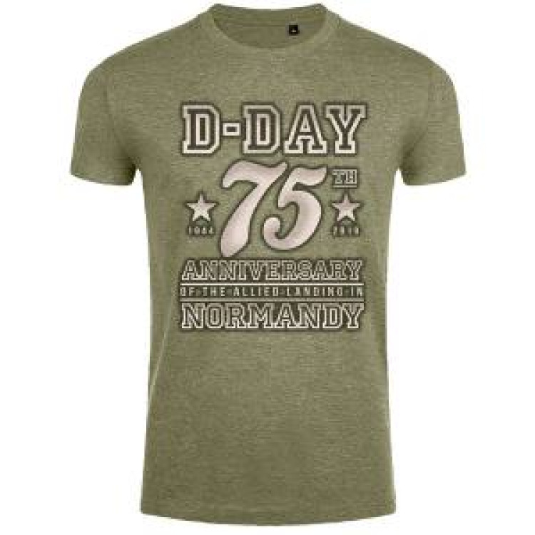 T-shirt homme ajusté 75th Anniversary Normandy + transfert Col 75ème kaki chiné S