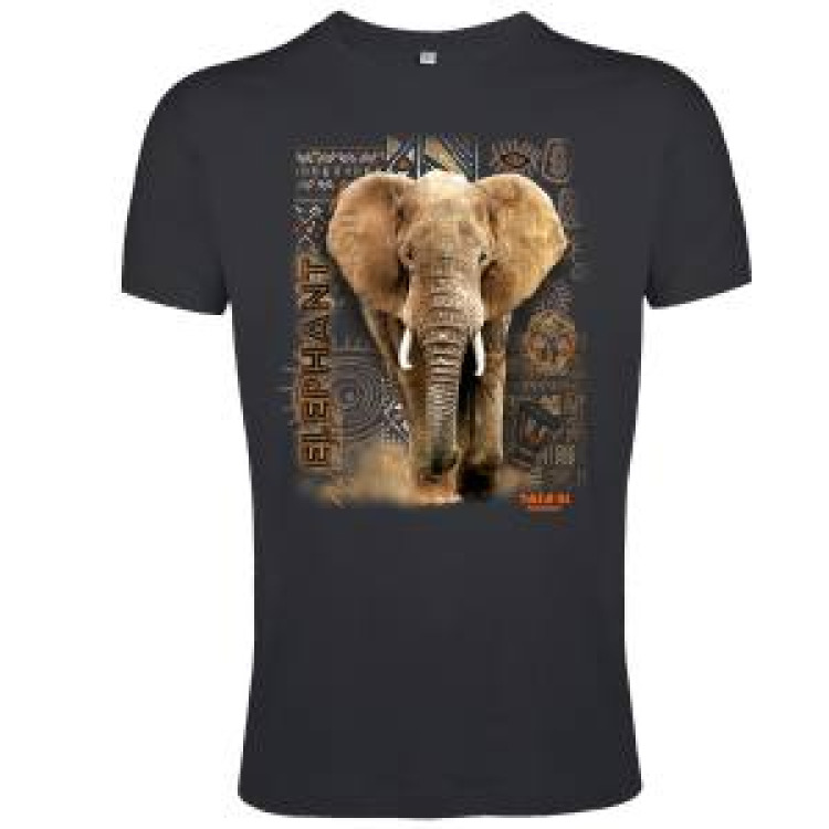 T-shirt homme ajust&eacute; &Eacute;l&eacute;phant Intemporel Safari de Peaugres + transfert Col Safari de Peaugres Gris Fonc&eacute; S