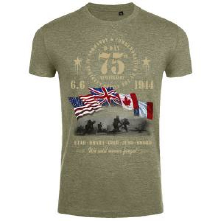 Tshirt homme ajusté Soldats Débarquement Drapeaux 75ème  transfert Col 75ème kaki chiné S
