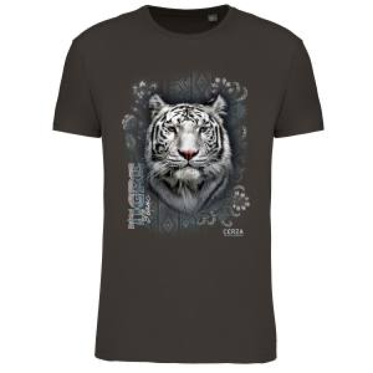 T-shirt homme ajust&eacute; Tigre Blanc Intemporel Cerza + transfert Col Cerza Gris Fonc&eacute; S