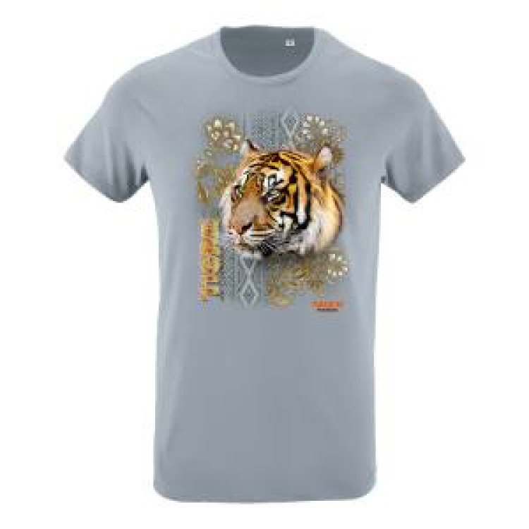 T-shirt homme ajust&eacute; Tigre Intemporel Safari de Peaugres + transfert Col Safari de Peaugres Gris Pur XS