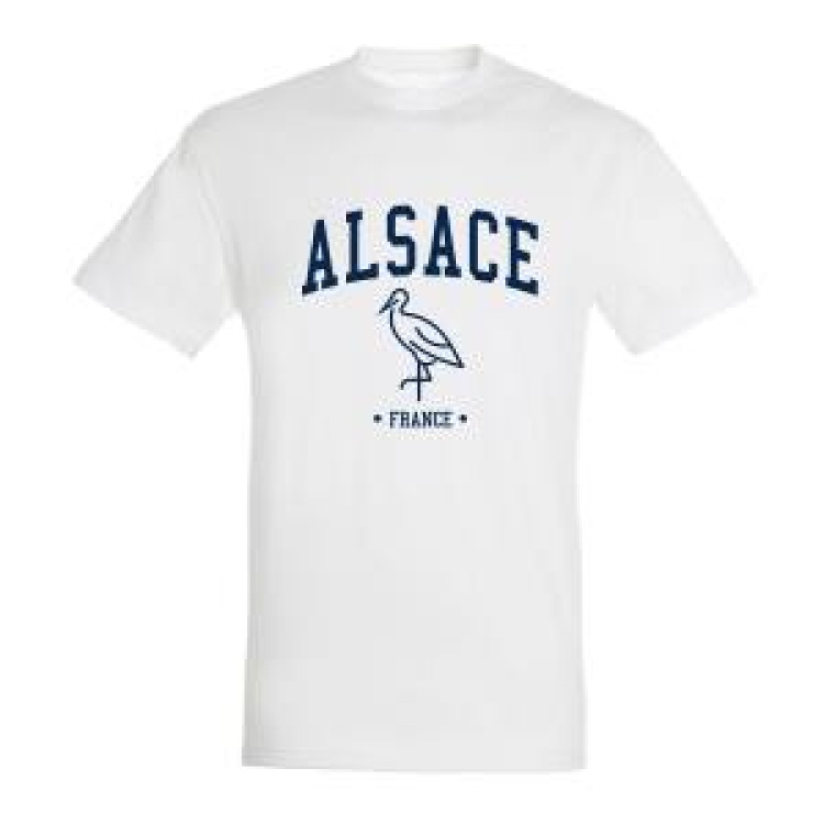 T-shirt homme Alsace Cigogne France (En Rouge sur T-shirt Noir/ en Marine sur T-shirt Blanc/ en Blanc sur T-shirt Rouge) Blanc XS