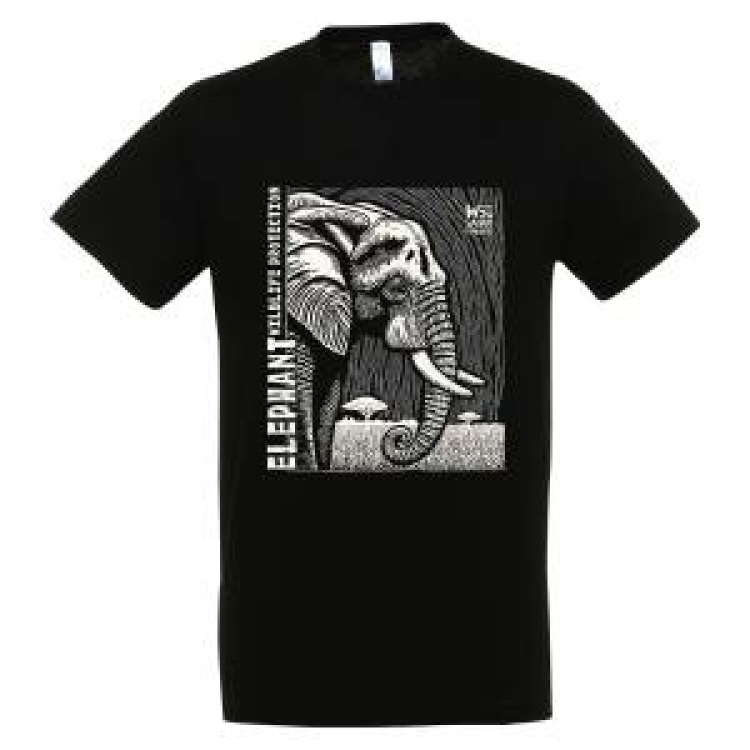 T-shirt homme bio ajusté Éléphant Linocut Gamme Black + transfert Col Safari de Peaugres Noir S
