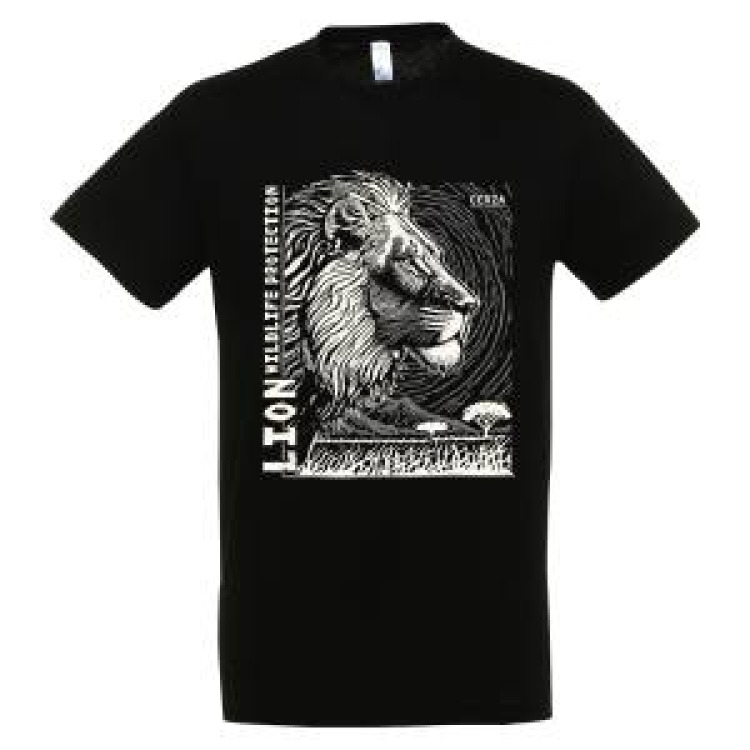 T-shirt homme bio ajust&eacute; Lion Linocut Gamme Black Cerza + transfert Col Cerza Noir S
