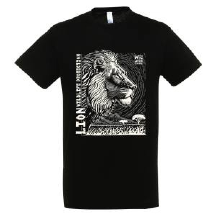 T-shirt homme bio ajusté Lion Linocut Gamme Black + transfert Col Safari de Peaugres Noir XS