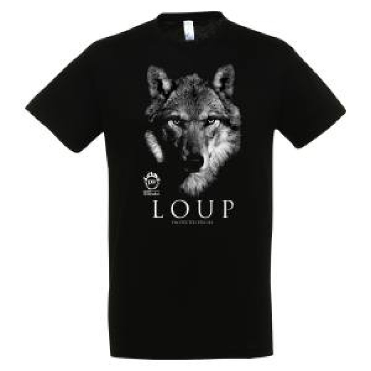 T-shirt homme bio ajust&eacute; Loup Gamme Black Parc Animalier des Pyr&eacute;n&eacute;es + transfert Col Parc Animalier des Pyr&eacute;n&eacute;es Noir XS