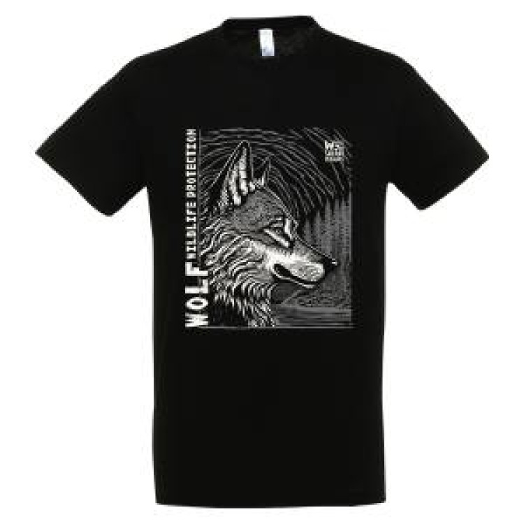 T-shirt homme bio ajusté Loup Linocut Gamme Black Safari de Peaugres + transfert Col Safari de Peaug