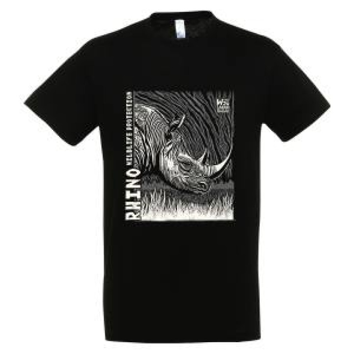 Tshirt homme bio ajusté Rhino Linocut Gamme Black  transfert Col Safari de Peaugres Noir XS