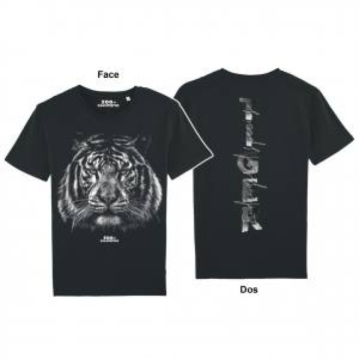 Tshirt homme bio ajusté Tête de Tigre Gamme Black Recto Verso  transfert Col Zoo de Champrepus Noir S