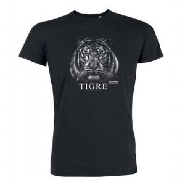 T-shirt homme bio ajust&eacute; Tigre Blanc Gamme Black Parc Animalier d&rsquo;Auvergne + transfert Col Parc Animalier d&rsquo;Auvergne Noir S