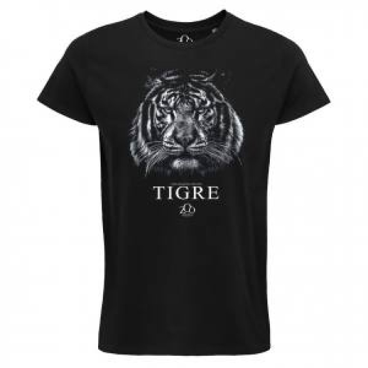T-shirt homme bio ajusté Tigre Gamme Black + transfert Col Zoo d’Amiens Noir XXL