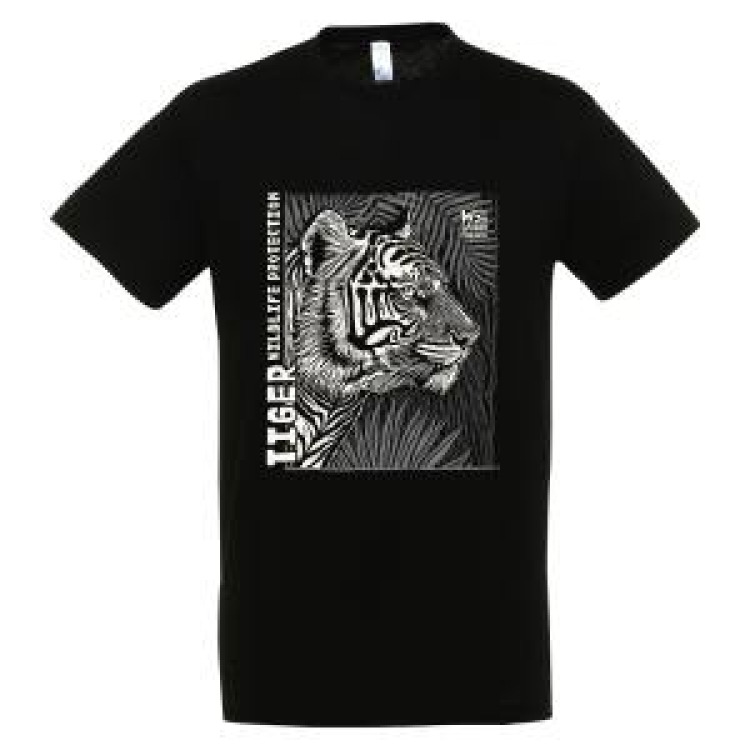 T-shirt homme bio ajusté Tigre Linocut Gamme Black + transfert Col Safari de Peaugres Noir XXL