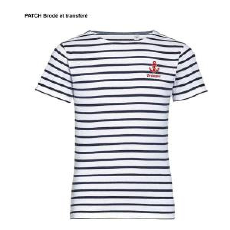 T-shirt homme manches longues ray&eacute; Transfert Patch Ancre + Bretagne blanc/marine M