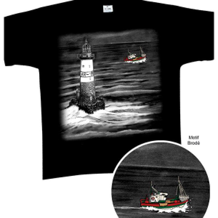 T-shirt homme Phare Aven Ar Men + Broderie Bateau (Bb17277) Marine M