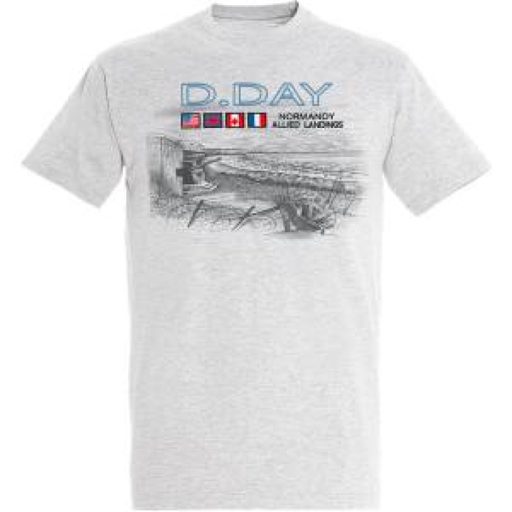 Tshirt homme Plage avec Bunker  Broderie E908 Ref 22734 Drapeaux DDay Blanc Chiné M