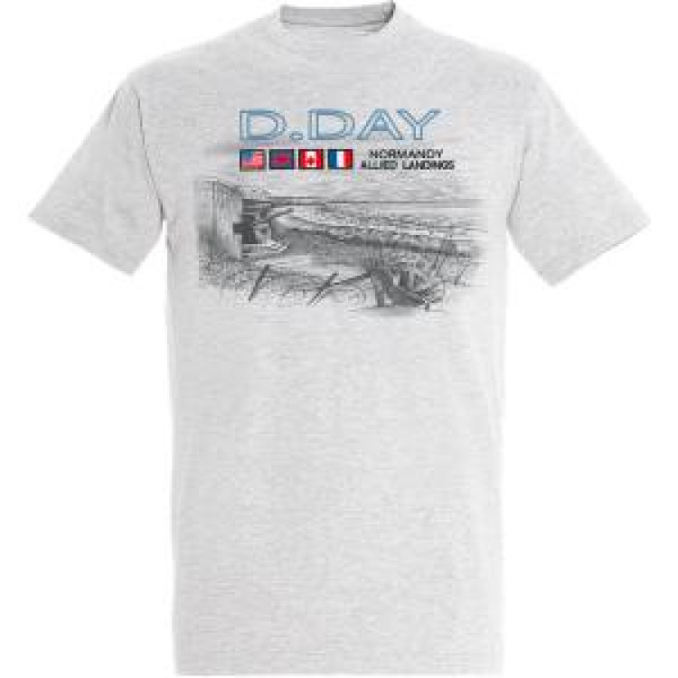 T-shirt homme Plage avec Bunker + Broderie E908 Ref/ 22734 Drapeaux D-Day Blanc Chin&eacute; M
