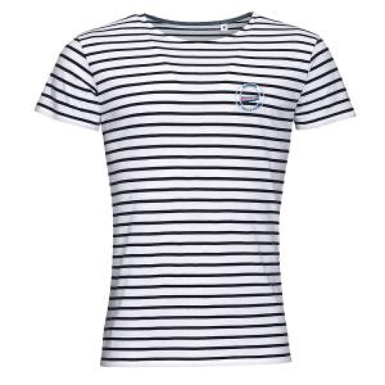 T-shirt homme rayé E1314 Ref/ 34070 Bateau dans Cercle Bassin d’Arcachon French Marine / Blanc S