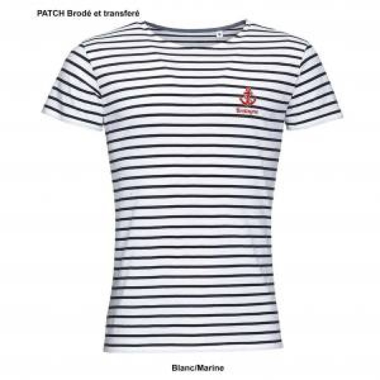 T-shirt homme ray&eacute; Transfert Patch Ancre + Bretagne French Marine / Blanc S